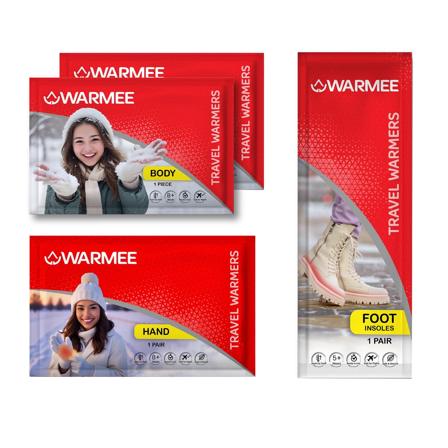 WARMEE COMBO PACK ||2 Pieces Body+1 Pair Hand +1 Pair Foot | Travel Warmers || Winter Holidays|| Instant Heat generating || Activates by Air|| Body, Hand and Foot Warmers|| Safe and Natural for Camping, Trekking, Outdoors