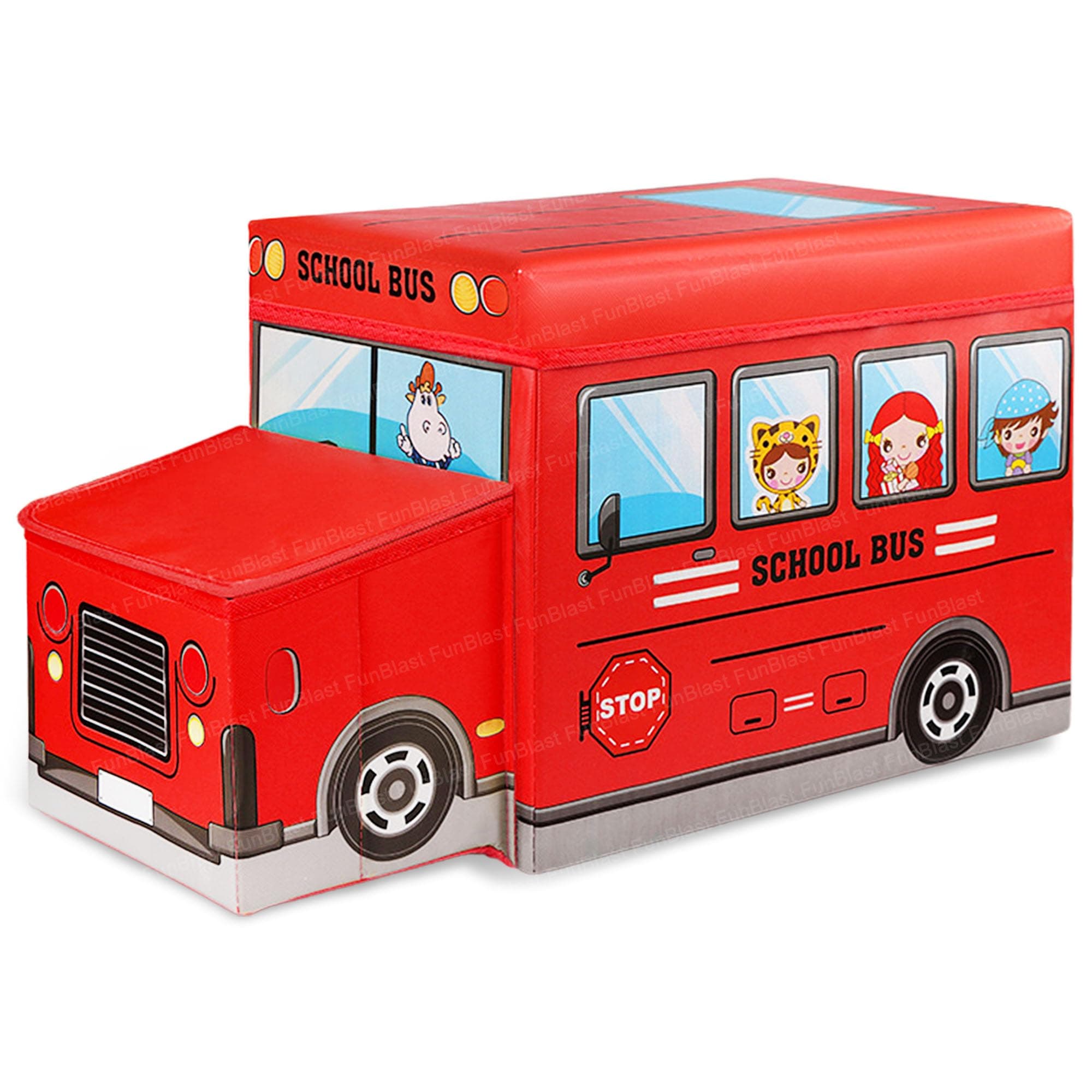 FunBlast Ottoman Storage Box - School Bus Shaped Muti-Functional Foldable Storage Box Basket Bin Organizer Stool for Kids, Storage Boxes for Toys for Kids (Red)
