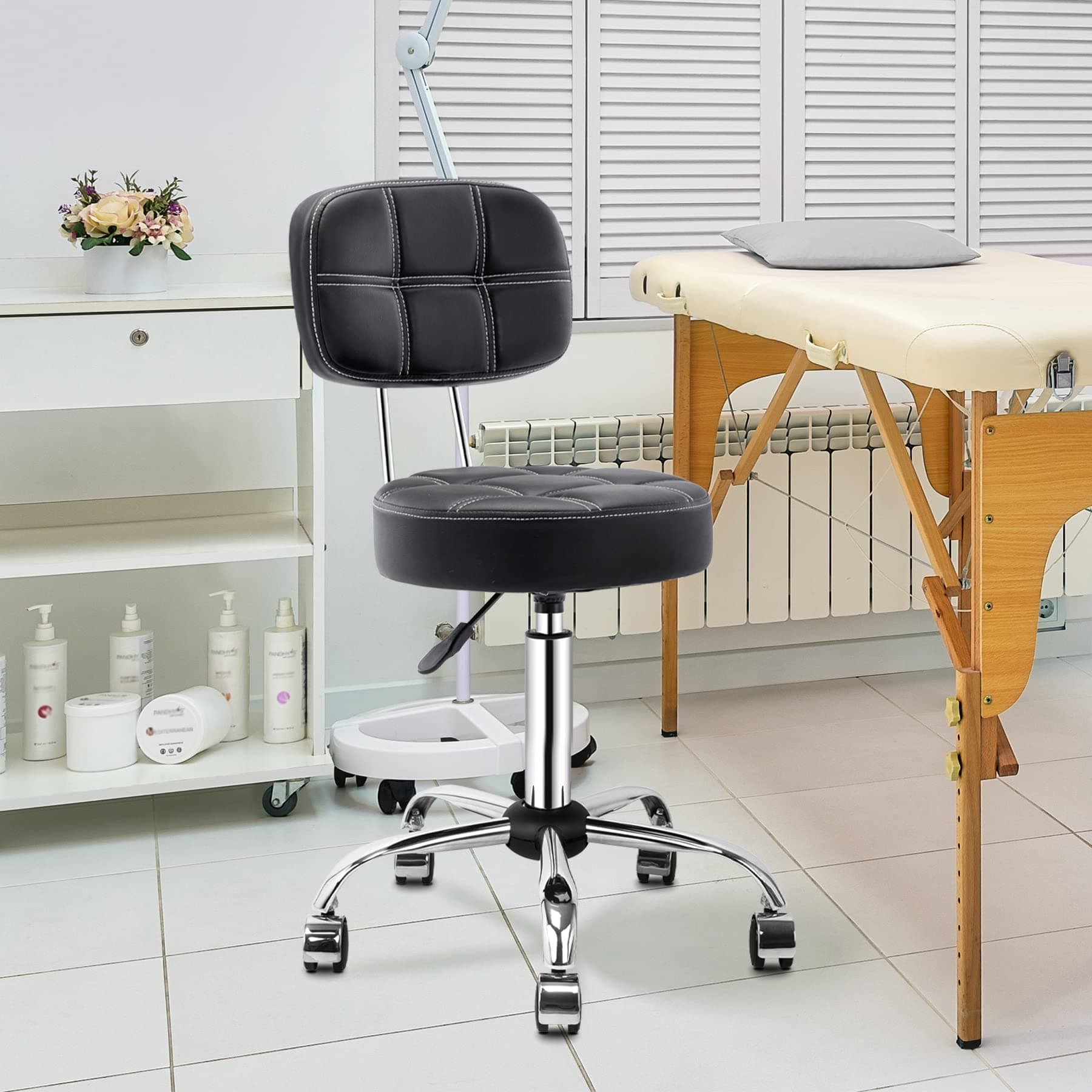 HomeMiYNRolling Massage Stool with Back Support Swivel Wheels Adjustable Barstool for Tattoo Pedicure Facial Medical Lab Black