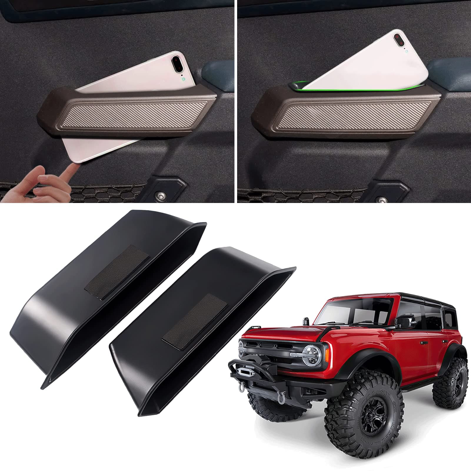 WDG Door Side Storage Box Handle Container Compatible with Ford Bronco 2021 2022 Car Interior Accessories, ABS Front Door Side Armrest Phone Pocket Organizer Insert Glove Pallet 2PCS Set