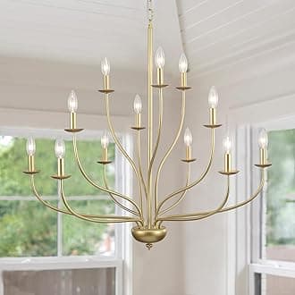 Gold Chandelier 12 Light, Large Painted Gold Light Fixture Modern Suspended Farmhouse Dining Table Candle Brass Chandelier Lighting for Bedroom Hallway Entryway Living Room Kitchen 34in Chandeliers
