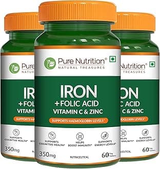 Pure Nutrition Iron Folic Acid Supplement with Zinc, Vitamin C & Vitamin B12 for Men & Women | Supports Haemoglobin Production, Boosts Immunity & Maintains Iron Level - 60 Veg Tablets (Pack 3)