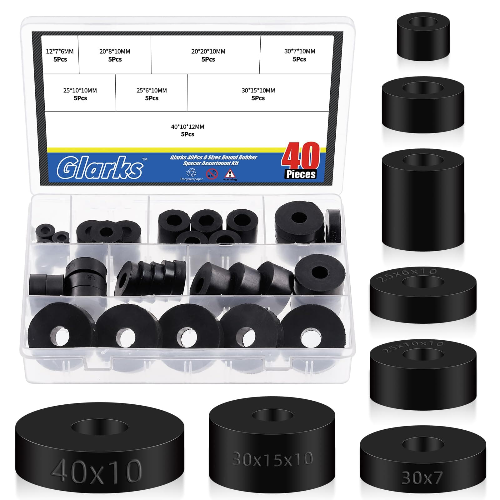 Glarks 40Pcs 8 Sizes Round Rubber Spacer Assortment Kit, Multi Purpose Black Round Neoprene Washers Anti Vibration Rubber Spacer Bushings for Electrical Repair and Home Car Accessories