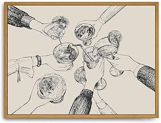 Roslynity Framed Canvas Wall Art Vintage Print Paintings Cheers Sign Friends Clinking Drinks Glasses Cocktails Retro Aesthetic Artwork for Home Living Room Bar Cart Kitchen Wall Decor (12"x16")