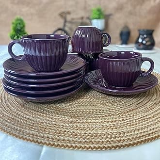 Ceramic Dining Purple-Red Tea Cups with Saucers (Purple-Red Set of 6)