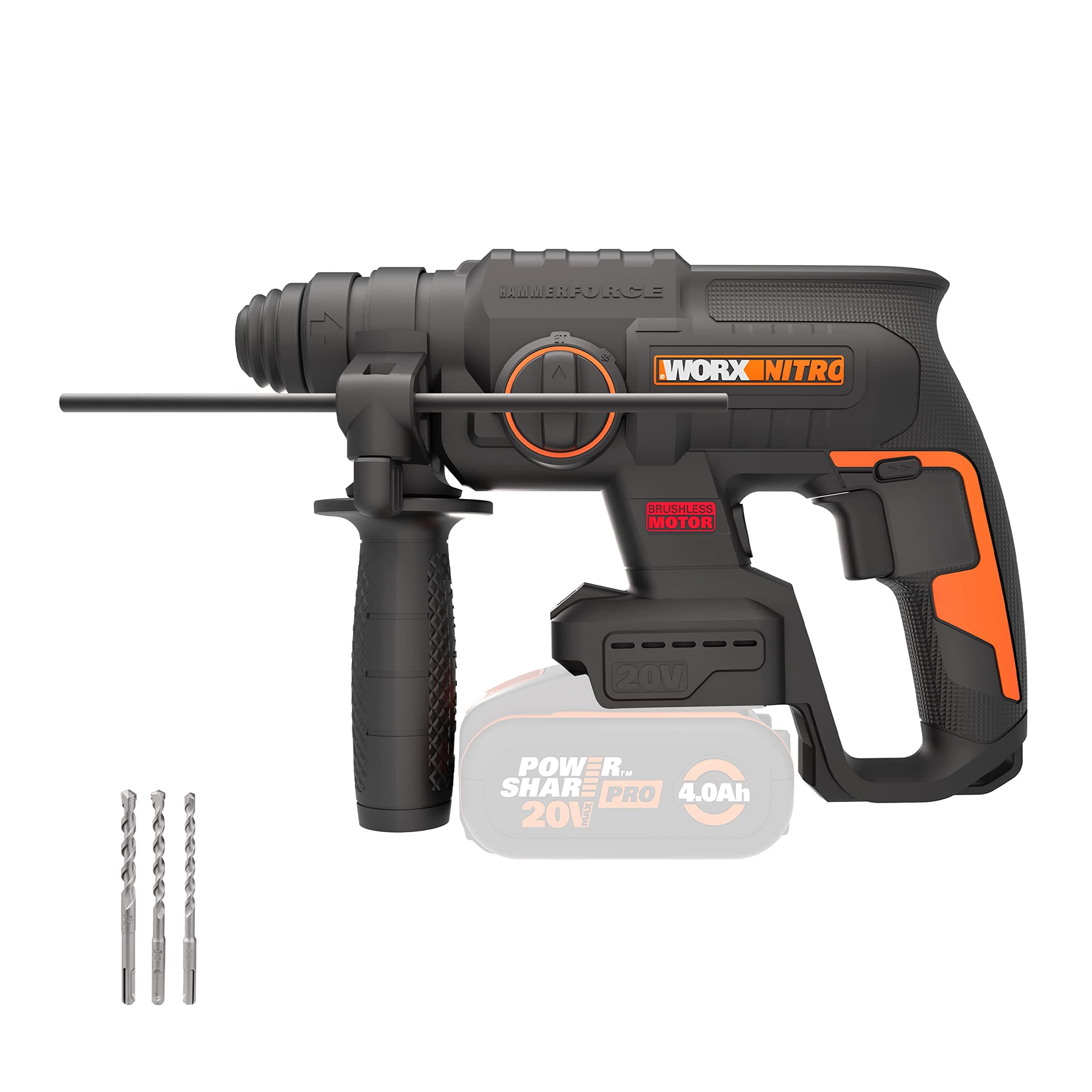 Nitro 18V (20V MAX) Cordless Rotary Hammer Drill, PowerShare, Brushless Motor, SDS Plus, Max. Impact Energy 2.0 J, 3 Functions, Anti-Vibration, Bare Tool Only, WX381.9