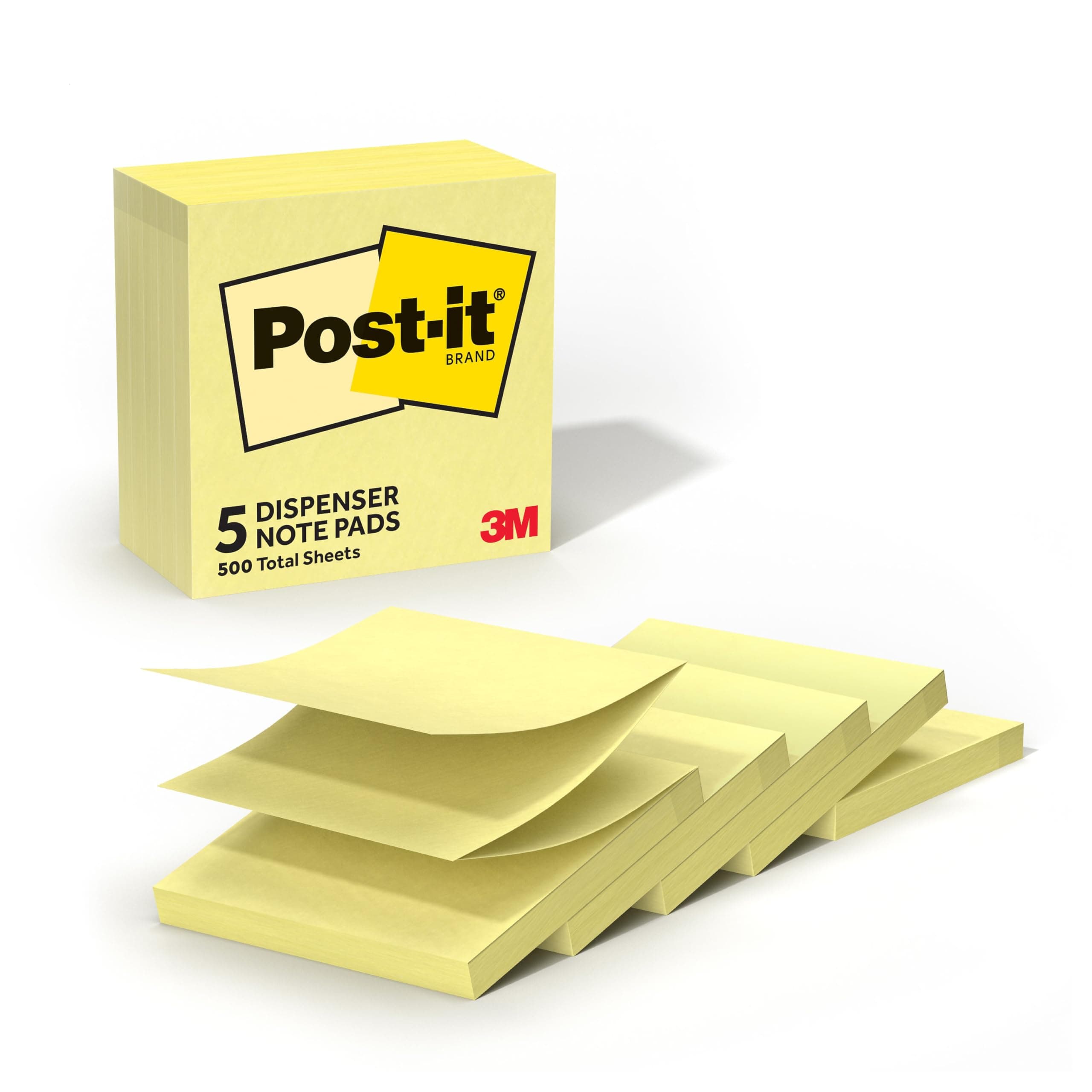 Dispenser Pop-up Notes, 3x3 in, 5 Pads, Canary Yellow, Clean Removal, Recyclable