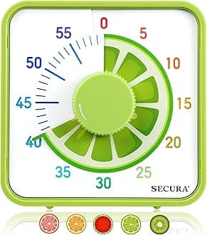 Secura7.5-Inch Fruit Visual Timer for Kids, 60-Minute Countdown Timer for Classroom or Kitchen, Durable Mechanical Timer Clock with Magnetic Backing (Lemon)