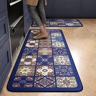 HomeCloud Rubber Kitchen Mats for Floor Set of 2 Pcs|Non-Skid, Soft Absorbent Rugs for Kitchen, Laundry, and Hallway|120x40cm, 40x60cm| 4mm Thickness (Rangoli_Blue), rectangular