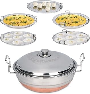 Kuber Industries Multi Kadai Idli Steamer Stainless Steel with Copper Base | Idly Pot with Lid & Handles | Dhokla Idli Maker Set - 2 Idli Plate, 2 Dhokla Plate & 1 Patra Momo Steamer Plate | Silver