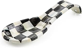 MACKENZIE-CHILDS Enamel Spoon Rest, Kitchen Spoon Holder and Utensil Rest for Stovetop, Black-and-White Courtly Check