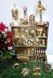 Handcrafted Brass Miniature Kitchen Set/Bhatukali/Toy Set/Home Decor/choppu Jaman/Real Cooking Kit for Play with Brass Stand (16 inch)