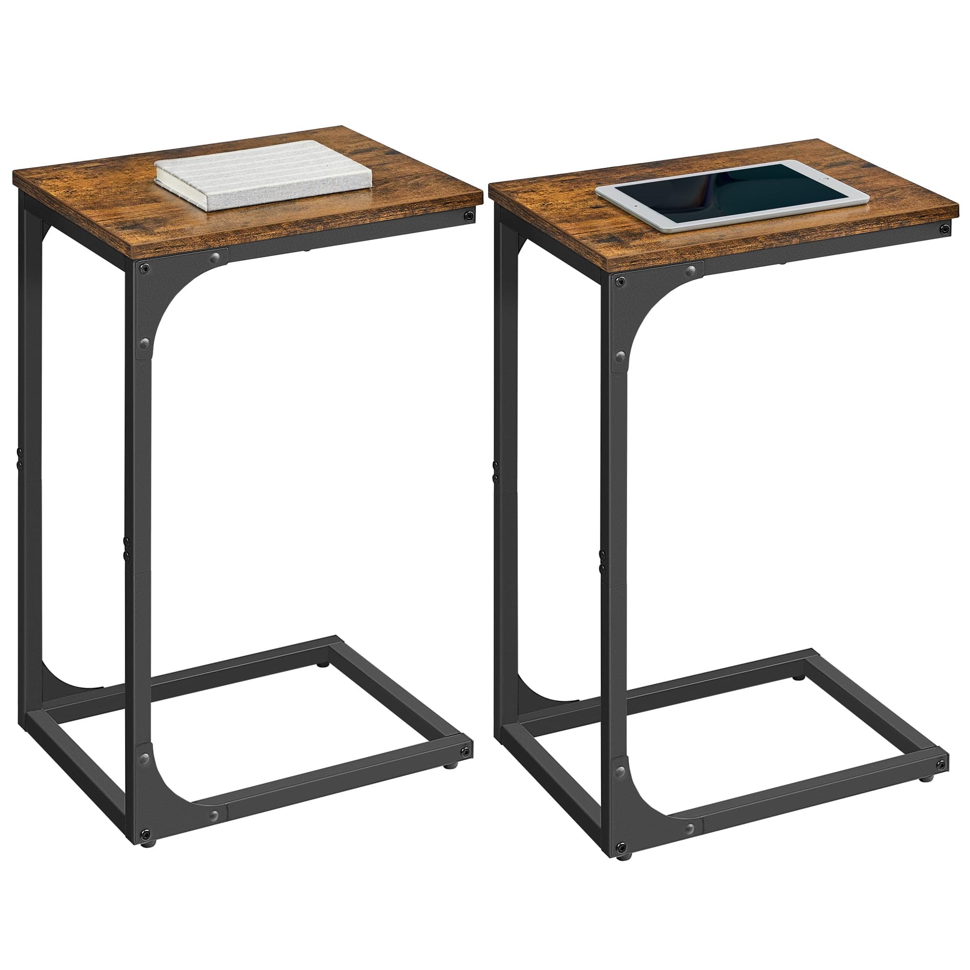 VASAGLE Set of 2 C-Shaped Side Table, Bedside Table, Sofa Side Table, Coffee Table, with Metal Frame, Industrial, for Living Room, Bedroom, Rustic Brown and Black LET354B01
