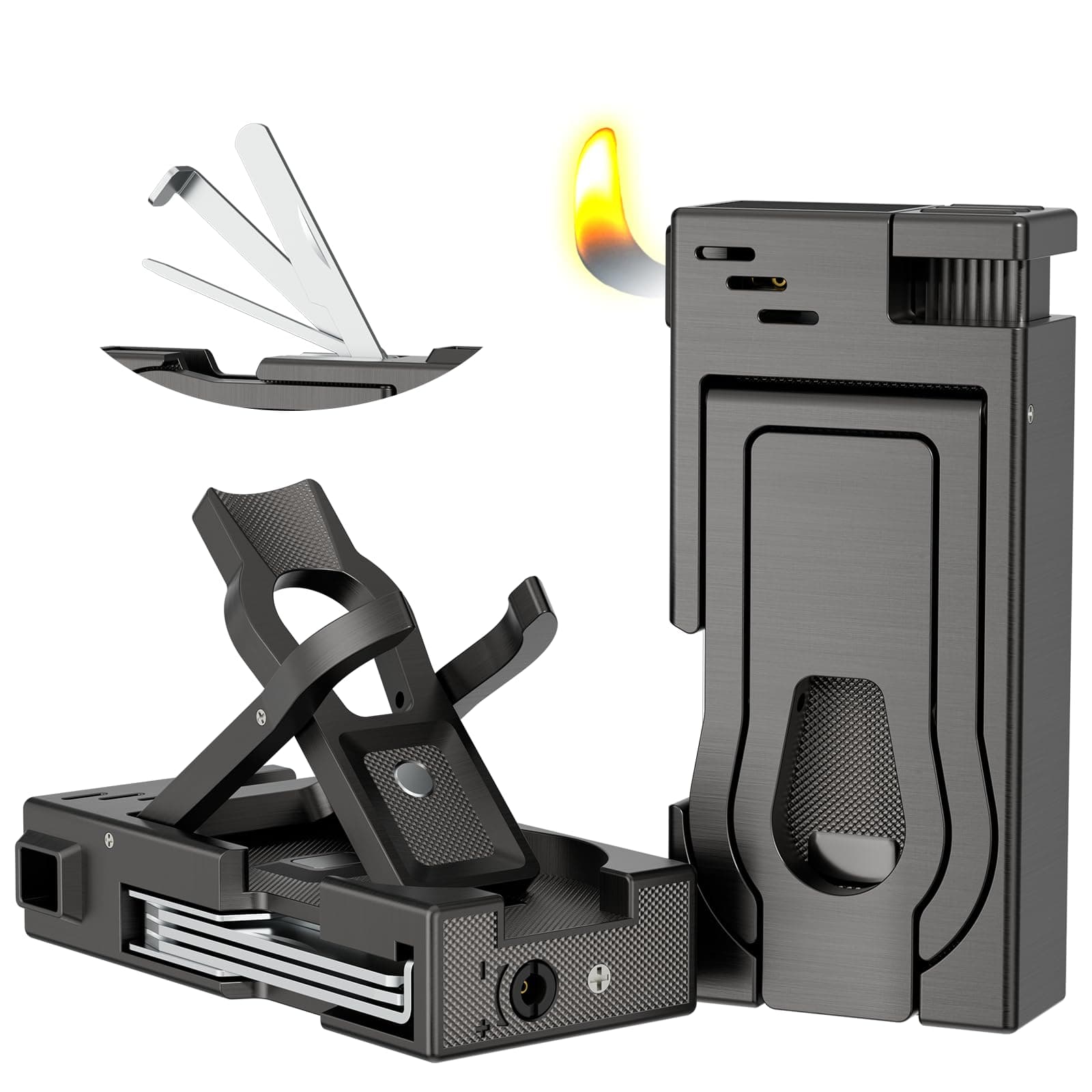 Multifunctional Pipe Lighter, Built-in Pipe Holder, 3 in 1 Cleaning Tools, Refillable Butane Lighter with Angled Soft Flame, Practical Gas Lighter for Pipe Gift