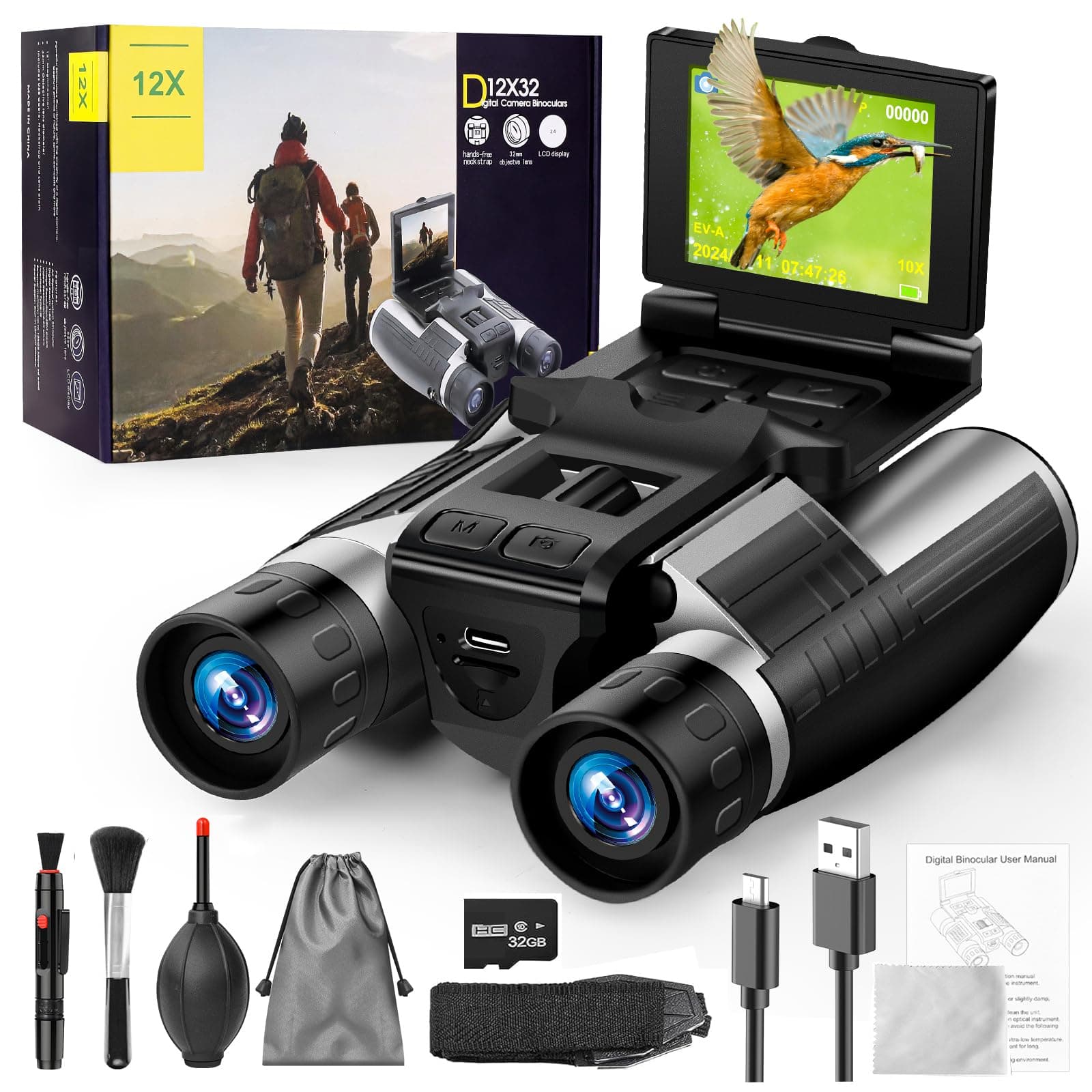 2.4" LCD Digital Binoculars with Camera 48MP 12X32 2.5K Videos HD Quality Ideal for Bird Watching, Concerts and Outdoor Adventures 32GB