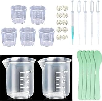 Measuring Cups Kit - 5 Pcs 30ml, 2 Pcs 100ml Plastic Measuring Cups, Paint Resin Mixing Cups, Medicine Graduated Measure Cups with 5 Pcs Mixing Sticks, 10 Pcs Finger Cots and 5 Pc Transfer Pipettes