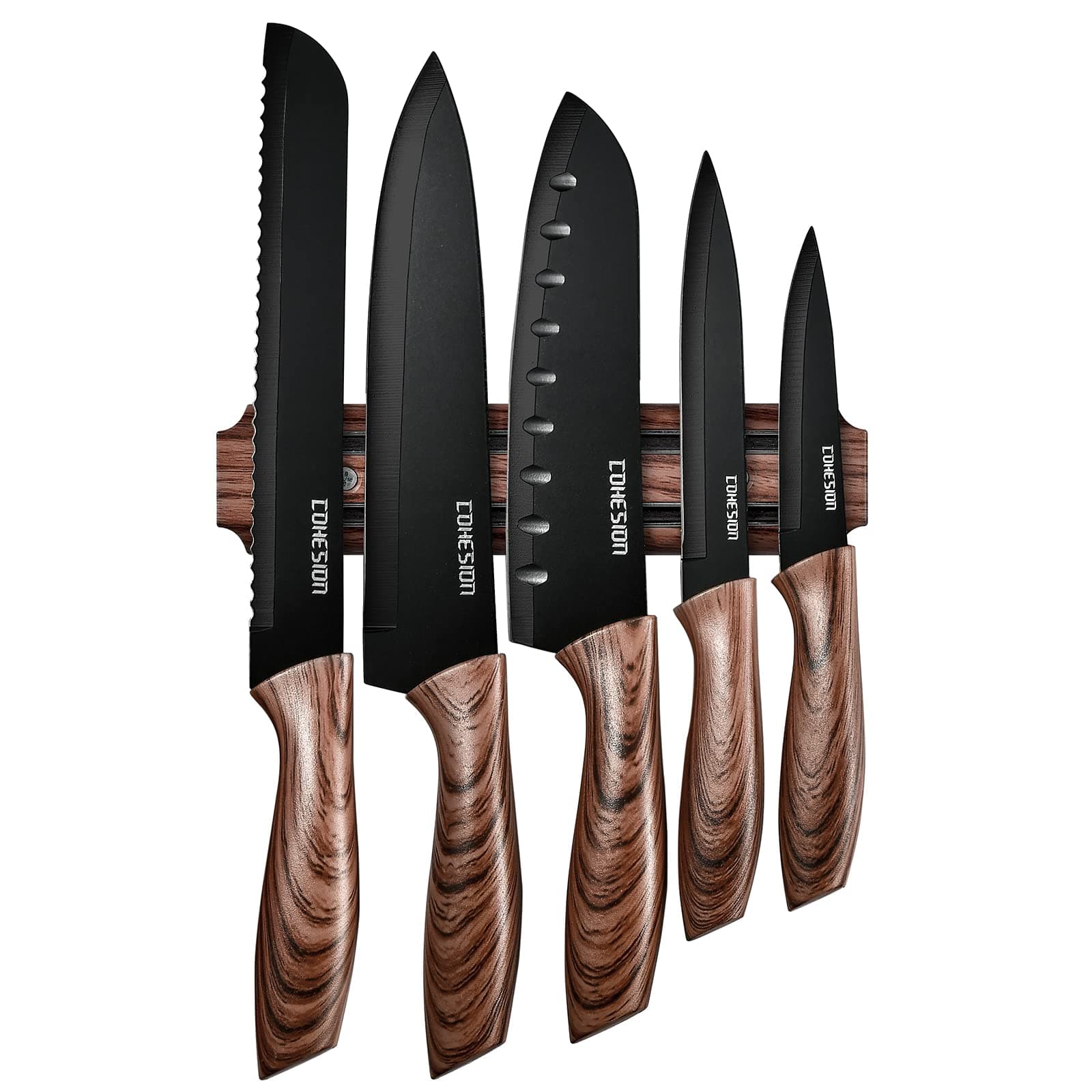 Cohesion Knife Set Ultra Sharp Kitchen Knives Sets 5PCS with Magnetic Holder Chef Santoku Bread Paring Utility Knife for Cutting Tomato Fruit Steak Meat Non-Stick Coating Wear-Resistant - Black