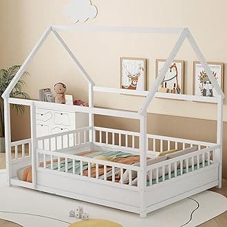 Bellemave Montessori Bed Full Size, Full Floor Bed with High Fence, House Beds for Kids, Girls, Boys, Easy Assemble Montessori Floor Beds, White