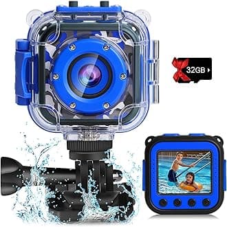 - PROGRACE Pool Toy & Kids Underwater Camera - IP68 Waterproof Action Camera for Boys Ages 3-12, 1080P Video, 32GB Card, Mount for Bike & More, Birthday Gift for Diving, Swimming, Riding, Snorkeling
