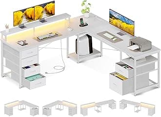 AODK 66" L Shaped Computer Desk, 113“ Reversible Home Office Desk with File Cabinet & 4 Fabric Drawers, Two Person Desk with LED Lights & Power Outlet, Corner Gaming Desk with Monitor Shelf, White