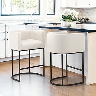 LUE BONA 27" H Counter Height Bar Stools Set of 2, Modern Barrel Counter Stools with Backrest and Arms, Black Metal Frames, Linen Fabric Upholstered Accent Barstools for Kitchen Island, Beige