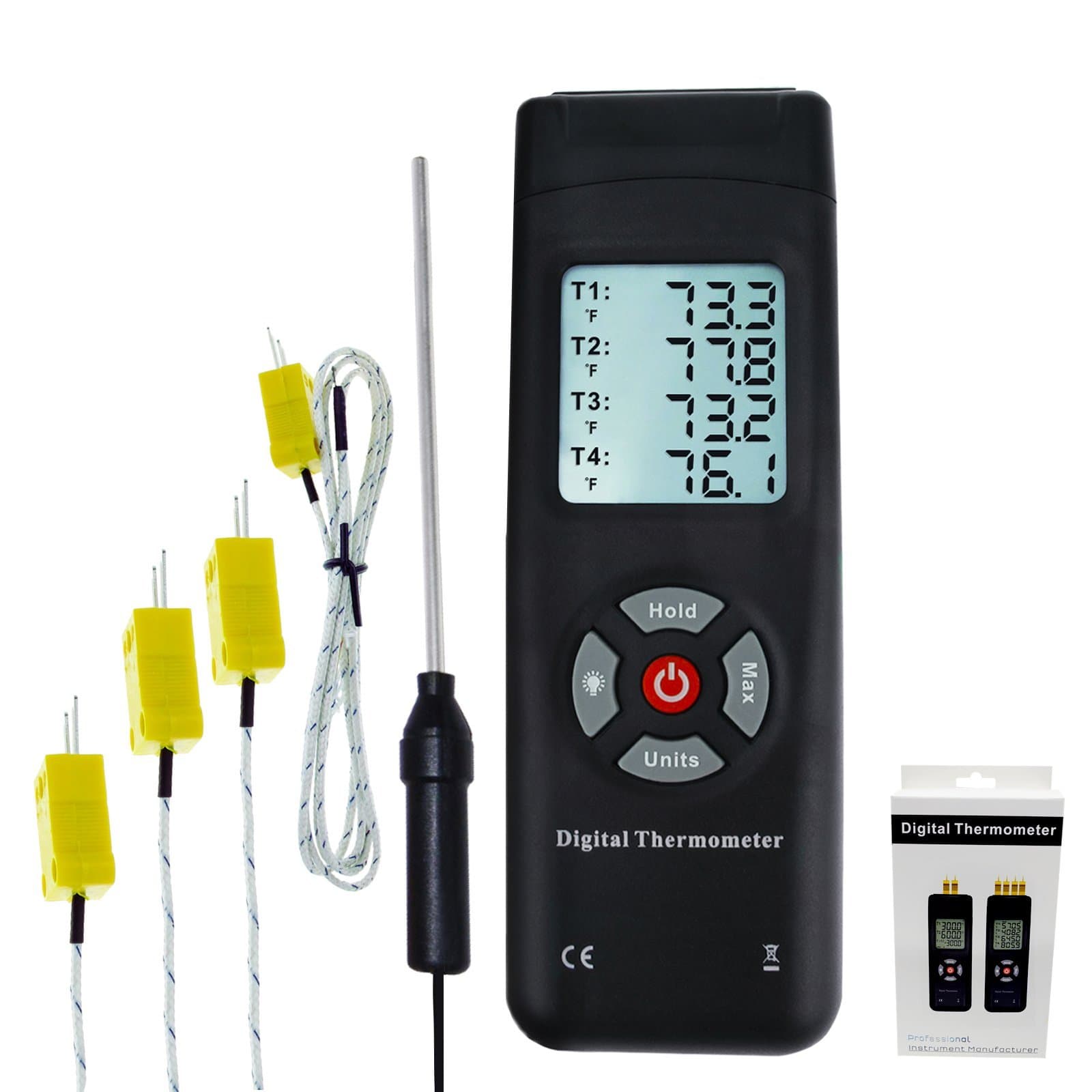 Thermometer 4 Channels K-Type Thermocouple sensor tester with K-Type Metal & Bead Probe Backlight Temperature Instrument -50~1350°C (-58~2462°F) Max/Min/Avg reading Data Log Storage Recording Function