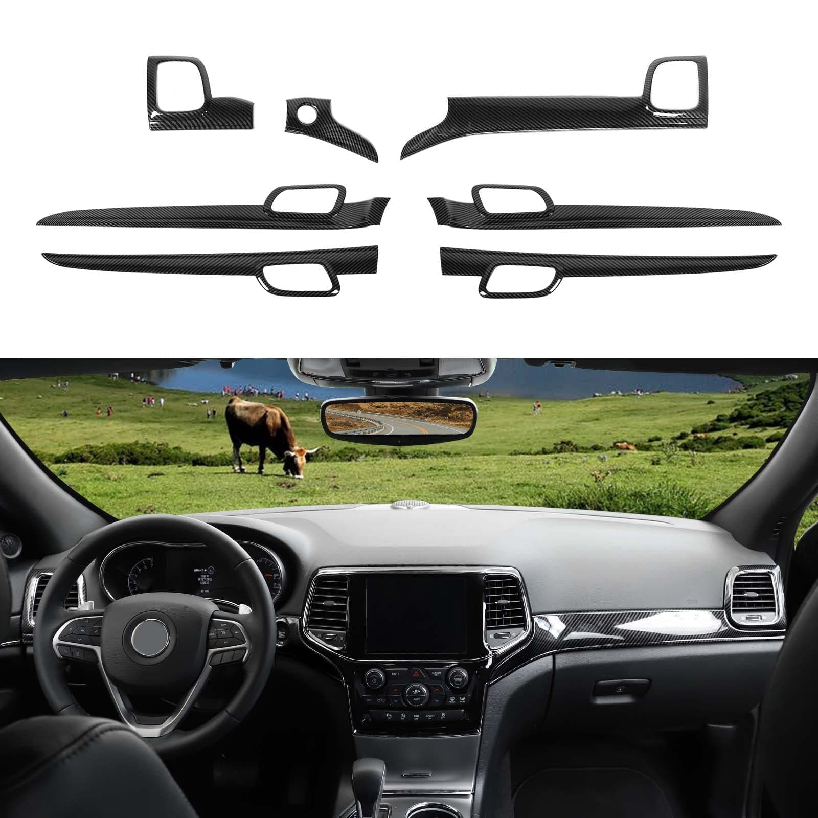 Center Console Dashboard Panel Trims Inner Door Handle Covers Interior Accessories Compatible with Jeep Grand Cherokee WK2 2014-2020, Carbon Fiber Texture