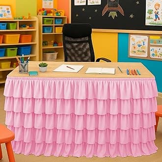 Pink Table Skirt Tutu Ruffled Tablecloth for Classroom Teacher Desk Skirt Back to School Supplies for Princess Girls Birthday Party Cake Dessert Decorations, 6FT