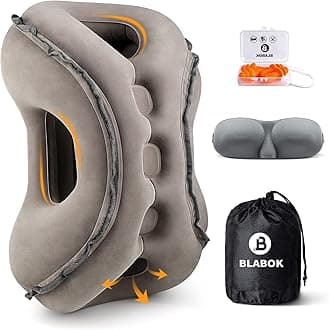 Inflatable Travel Pillow,Multifunction Travel Neck Pillow for Airplane to Avoid Neck and Shoulder Pain,Support Head,Neck,Used for Sleeping Rest, Airplane and Home Use,with Eye Mask, Earplugs,Gray
