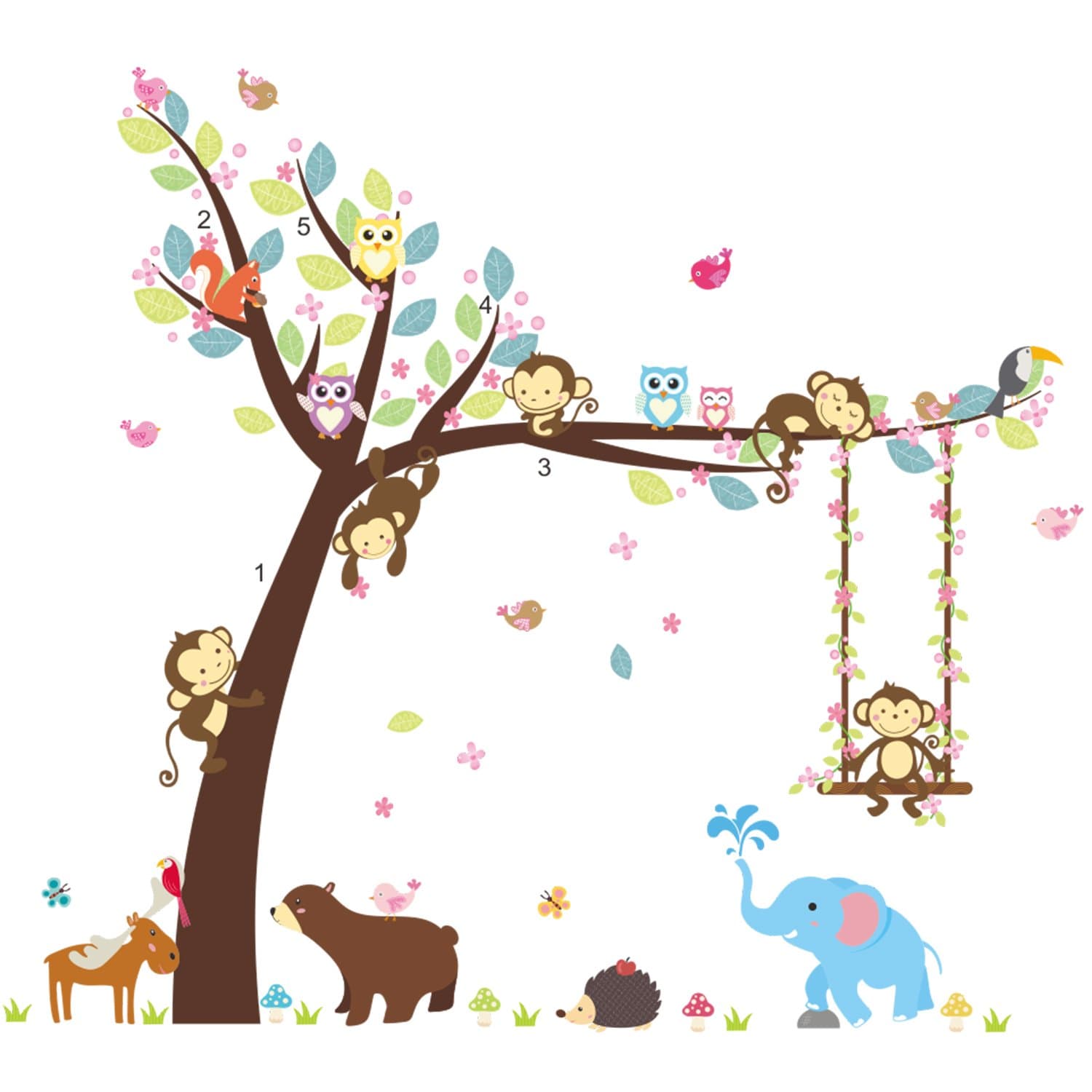 Removable Creative 3D Cartoon Forest Animal Monkey Owls Hedgehog Tree Wall Decals Kids Room Wall Decorations Art Decor Stickers Nursery Decor 3D Art Decal Bedroom Bathroom Sticker