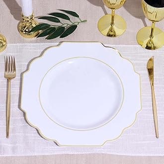 Efavormart 10 Pack | 11" White Hard Plastic Dinner Plates, Disposable Tableware, Baroque Heavy Duty Plates with Gold Rim