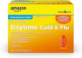 Amazon Basic Care Daytime Cold & Flu Liquid Caps; Cold Care for Daytime Cold and Flu, Orange, 48 Count (Pack of 1)
