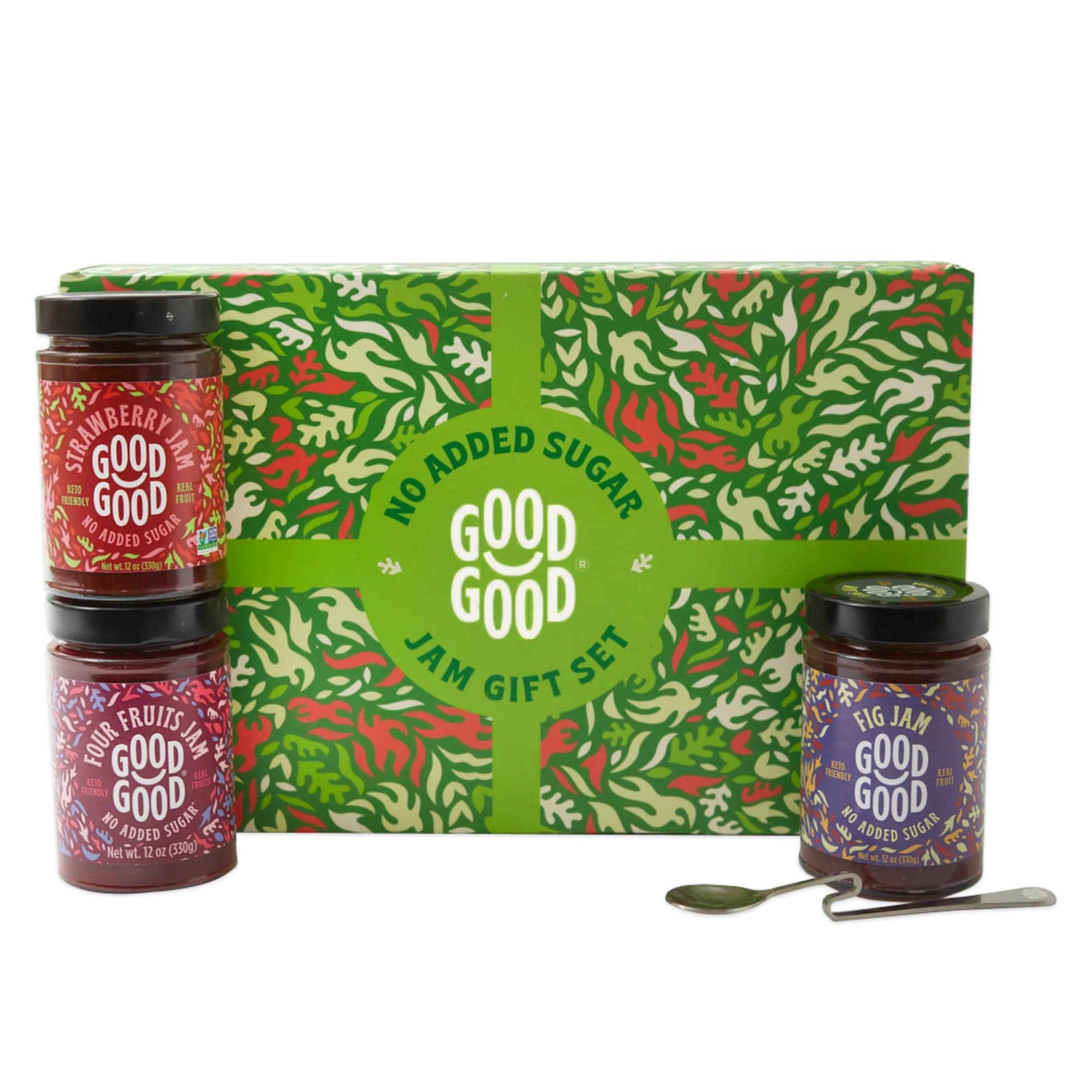 Assorted No Added Sugar Jam Gift Box - Strawberry, Fig & Four Fruits Jam Bundle with Serving Spoon - Low Carb, Low-Calorie Spread - Keto Friendly - Vegan - Gluten Free - Diabetic Friendly