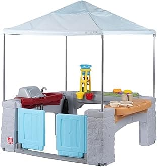 Step2All Around Playtime Patio with Canopy, Kids Indoor/Outdoor Kitchen Playset & Sensory Playhouse, Made of Durable Plastic, Includes 16 Piece Toy Accessories, for Toddlers 2+ Years Old, Blue