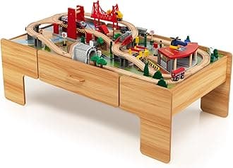 Costzon Train Table, 2 in 1 Kids Activity Table w/Storage Drawer, 100 Multicolor Pieces, Railway, Track, Cars, City, DIY Design, Reversible Tabletop, Gift for Boys Girls, Wooden Train Set (Natural)