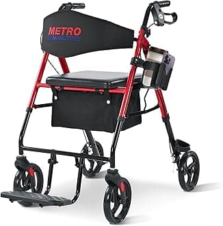 Metro Mobility 2 in 1 Rollator Walker & Transport Wheelchair, Foldable Lightweight Rollator Walker with Seat for Seniors, 8" Big Wheels for All Terrain, 300 lb. Weight Capacity, Red