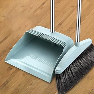 wolpin Plastic Broom With Dustpan Comb Teeth Long Handles Set Cleaning Floor Upright Broom (2 Pc Set), Grey