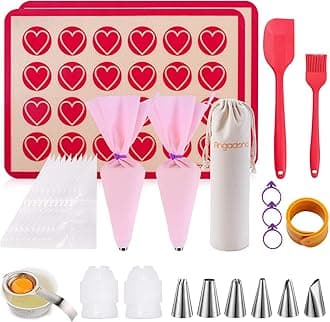 Angadona Silicone Baking Mat Macaron Mat Kit(14pcs set) Macaroon Baking Mat Set of 2 Half Sheet Macaron Silicone Mat Nonstick Macaron Mat Sheet,6 Piping Tip,2 Piping Bag with 2 Bag MACAROON KIT 001