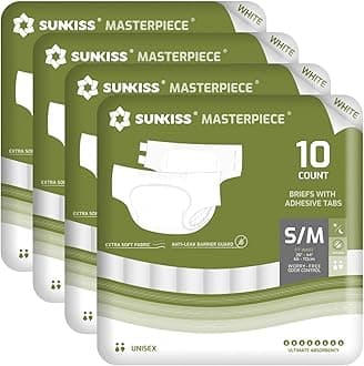 SUNKISS Masterpiece Adult Diapers with Ultimate Absorbency, Unisex Disposable Incontinence Briefs with Tabs for Women and Men, Odor Control, White, S/M, 40 Count (4 Packs of 10)