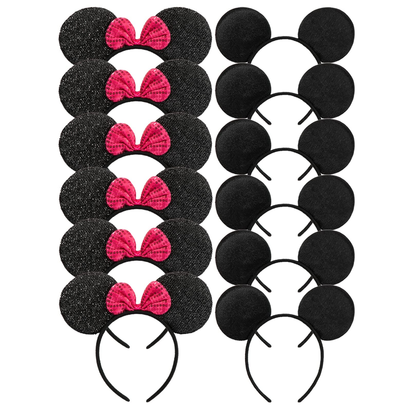 CHuangQi 12 pcs Mouse Ears Headbands, Solid Black & Rose Red Bow for Boys and Girls Birthday Party