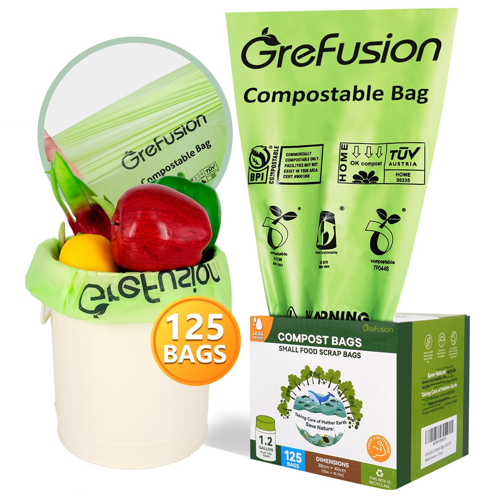 (Include 100+25 Bonus Bags) GreFusion Compostable Bags 1.2 Gallon,Fits 0.75,1,1.2,1.3 Gallon Countertop Bin,Certified by BPI,ASTM D6400 and OK Compost,125Count (100 + 25 Extra)