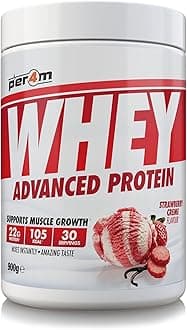 Per4m Whey Protein Powder | High Protein Shake for Muscle Growth & Recovery | Low Sugar Gym Supplement | Sports Nutrition Drink + Amino Acids (900g, Strawberry Creme)