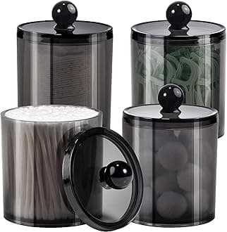 SheeChung 4 Pack Plastic Acrylic Bathroom Vanity Countertop Canister Jars with Storage Lid, Apothecary Jars Qtip Holder Makeup Organizer for Cotton Balls,Swabs,Pads,Bath Salt(Black, 10&12oz)