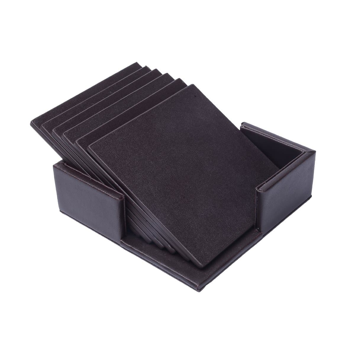 Coasters for Drinks, 6 PCS Premium PU Leather Coaster with Holder, Heat Resistant Cup Mat Pad - Protect Furniture from Stains Water Rings and Damage, Housewarming Gift - Square Brown