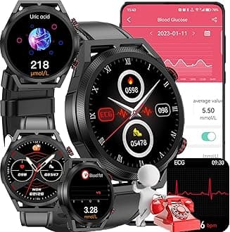 Blood Glucose Smart Watch, ECG HRV Fitness Tracker with Heart Rate Blood Pressure Uric Acid Measurement, Blood Lipid Monitoring, 20 Sports Modes, Text & Call, for Men & Women,Black1