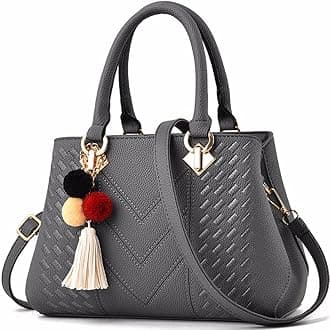 Womens Leather Handbags Purses Top-handle Totes Satchel Shoulder Bag for Ladies with Pompon and Tassel