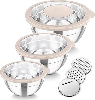 Mixing Bowls, 3PCS Stainless Steel Serving Salad Bowls with Lids & 3 Graters, For Kitchen Mixing/Baking/Storing/Prepping, Visible & Airtight, Easy Clean - 4.5/3 / 1.5 QT, Khaki
