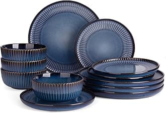 Starlight Plates and Bowls Dishes Set of 4 (12 Pieces), Ribbed Textured Stoneware Dinnerware Sets- Dishwasher & Microwave Safe, Chip & Scratch Resistant, Starry Blue