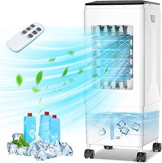 Portable Air Conditioner, 3 in 1 60W Air Cooler Evaporative, 60° Oscillation & 1-7H Timer, 8M Remote Control, 3 Speeds, 5.5L Water Tank & Universal Casters, Windowless Air Conditioner Fan, 3 Ice Boxes [Energy Class A]