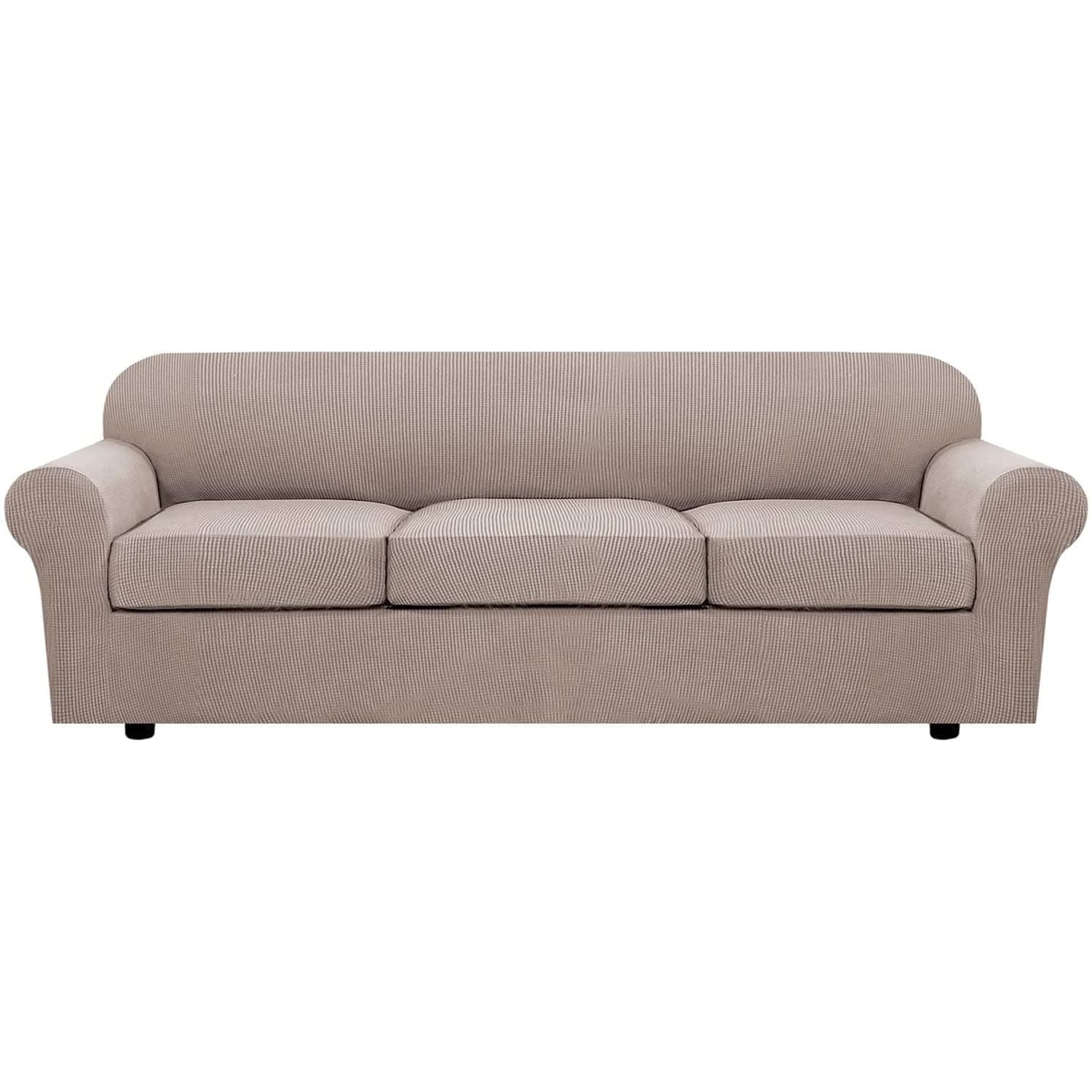 4 Piece Stretch Sofa Covers for 3 Cushion Couch Covers Furniture Slipcovers (1 Base Cover Plus 3 Seat Cushion Covers) Thicker Jacquard Fabric Cover (XL Sofa, Khaki Sand)